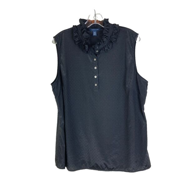 Tommy Hilfiger Popover Blouse Size XXL Black on Black Swiss Dot Ruffled Neck - Picture 1 of 6
